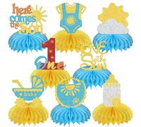 Lot de 8 centres de table en nid d'abeille « One in the Sun » - Décorations de fête prénatale - Décoration de fête d'anniversaire - Doré et bleu clair pailleté