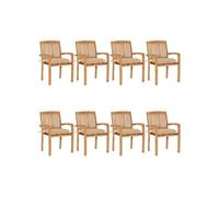 Lot de 8 Chaises de Jardin Empilables avec Coussins, Sièges de Terrasse, Chaises de Salle à Manger, Meubles de Patio Extérieur, Teck Solide