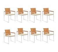 Lot de 8 chaises de jardin avec coussin, en bois d'acacia massif, finition à l'huile, aspect teck, en acier inoxydable 304, empilables, pour jardin, terrasse, balcon, durables et faciles d'entretien