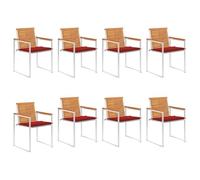 Lot de 8 chaises de jardin avec coussins rouges, bois massif d'acacia aspect teck finition à l'huile, acier inoxydable 304, 60 x 56 x 85 cm, meubles de jardin d'extérieur empilables résistants aux