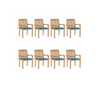 Lot de 8 Chaises de Jardin Empilables avec Coussins, Sièges de Terrasse, Chaises de Salle à Manger, Meubles de Patio Extérieur, Teck Solide