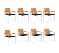 Lot de 8 chaises de jardin en bois massif d'acacia, aspect teck, finition à l'huile, en acier inoxydable, empilables, avec coussins noirs, résistantes aux intempéries, robustes et durables pour