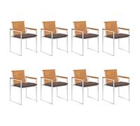Lot de 8 chaises de jardin en bois massif d'acacia - Finition à l'huile - Aspect teck - Empilables et résistantes aux intempéries - Avec coussins taupes - En acier inoxydable 304 - Pour l'extérieur