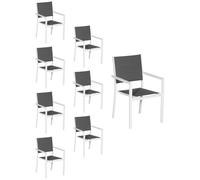 Happy Garden – Lot de 8 chaises rembourrées en aluminium blanc – textilène gris – H. 90 cm
