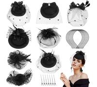 Lot de 8 chapeaux bibi élégants pour femmes et filles, chapeau en maille à plumes en dentelle et fleur, chapeau vintage noir avec pince à cheveux et bandeau, pour thé, cocktail, mariage, bal masqué