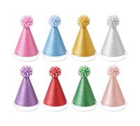 Lot de 8 chapeaux de fête en forme de cône à paillettes pour animaux de compagnie avec pompons, accessoires de costume colorés et pointus pour chiens et chats, accessoires photo de vacances, 10,2 x