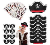 Lot de 8 chapeaux de pirate pour enfants - 8 cache-yeux en feutre - 10 tatouages de pirate - Accessoires pour anniversaire, Halloween, mascarade, fête pirate