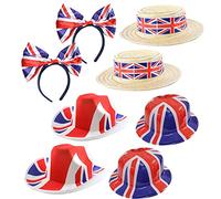 Lot de 8 chapeaux Union Jack - Bandeau avec nœud Union Jack, canoteurs, chapeaux de cowboy, bowlers - Accessoires de déguisement pour fête du roi