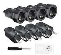 Lot de 8 Connecteurs Schuko, Kit Fiche Mâle + Prise Femelle 250V(16A), Ignifuge IP44, Prise D'alimentation, Jeu de Contacts de Protection, Fiche Europe Schuko pour Câble 8-10 mm