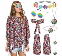 Lot de 8 costumes hippie pour femme - Style années 70 - Flower Power - Vêtements avec poncho, bandeau, jambières, collier, lunettes, bandeau, boucles d'oreilles, bracelet pour carnaval, cosplay, fête