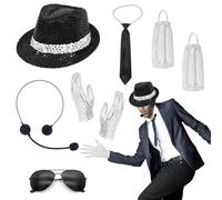 Lot de 8 costumes Michael rockstar années 80, accessoires jazz chapeau paillettes, gant, chaussette, cravate, lunettes soleil, microphone tête, King