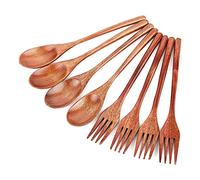 Lot de 8 cuillères et fourchettes en bois de style japonais, cuillères de cuisine faites à la main, couverts de voyage réutilisables B