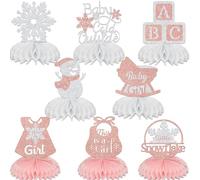 Lot de 8 décorations d'anniversaire « A Little Snowflake Is On The Way » sur le thème de l'hiver - Centre de table en nid d'abeille pour fête prénatale - Décoration de table pour filles