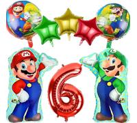 Lot de 8 décorations d'anniversaire Mario de 6 ans pour enfants, au motif de dessin animé, ballons en aluminium, ballons pour garçons et filles