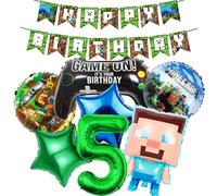 Lot de 8 décorations d'anniversaire pour garçon de 5 ans - Motif Miner Gamer - Dessin animé - Ballons d'anniversaire d'enfant - Guirlande Happy Birthday - Guirlande pour enfants - Vert et bleu -