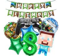 Lot de 8 décorations d'anniversaire pour garçon de 8 ans - Motif Miner Gamer - Dessin animé - Ballons d'anniversaire d'enfant - Guirlande Happy Birthday - Guirlande pour enfants - Vert et bleu -