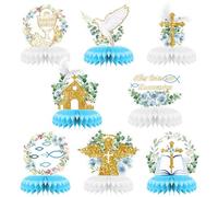 Lot de 8 décorations de baptême en nid d'abeille pour première communion, centre de table, eucharistie, Dieu, bénédiction, décoration de table pour baptême, fête prénatale, baptême, fête religieuse