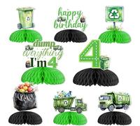Lot de 8 décorations de camion poubelle pour 4e anniversaire Vert Tout Je suis 4 Centre de table en nid d'abeille Camion poubelle Décoration de table Camion à ordures Décoration de quatrième
