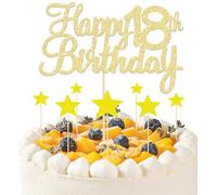Lot de 8 décorations de gâteau dorées pour 18e anniversaire, 1 décoration de gâteau Happy 18th Birthday et 7 décorations de gâteau en forme d'étoile, décoration pour 18e anniversaire, décoration de