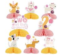 Lot de 8 décorations en nid d'abeille rose sur le thème du chien pour 2e anniversaire - Fournitures de fête « Let The Dogs Out » avec pinces argentées pour fille et chiot