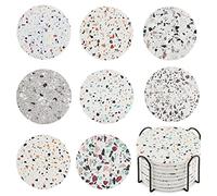 Lot de 8 dessous de verre avec support, beaux dessous de verre ronds en céramique absorbants avec base en liège pour table basse, tasse, bière, bouteille de verre à vin, maison et bar (style marbre)