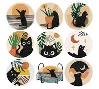 Lot De 8 Dessous De Verre De Peinture Diamant,pour Adolescents,Réutilisable | Chat Noir Peinture Diamant Adulte Untersetzer avec Support,Mignon et Amusant,Super cadeau pour les débutants