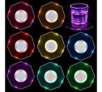 Lot de 8 dessous de verre LED multicolores avec 7 modes d'éclairage - En acrylique - Ronds - Imperméables - Pour boissons, bouteilles, fêtes, mariages, bar, Noël