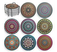 Lot de 8 Dessous de Verre Mandala en céramique avec Support - Absorbants - avec Base en liège et Support Noir - pour Table Basse, Appartement, Bar, Tasses, Verres à bière