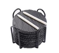 Lot de 8 dessous de verre ronds en ardoise avec support, 10 x 10 cm, pour boissons, tasses, bar, verre avec stylo à craie