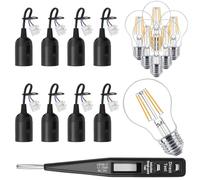 Lot de 8 douilles E27 pour rénovation, douille de chantier, douille E27 + testeur de tension VDE - 8 ampoules LED lumière blanche - douille de remplacement 250 V, douille de chantier avec câble