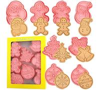 Lot de 8 emporte-pièces et tampons de Noël pressables 3D - Bonhomme en pain d'épices, arbre de Noël, bonhomme de neige, Père Noël, cloches, flocon de neige, joyeux Noël