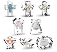 Lot de 8 emporte-pièces religieux pour baptême - Sainte Croix Ange Pigeon/Colombe Robe de Baptême Tenues Barboteuse Plaque Cadre Formes Première Communion Baptême Emporte-pièces Moules à biscuits