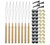 Lot de 8 enfile-aiguilles, 4 pinces à bec de canard, 40 pièces d'extensions de cheveux, anneaux d'extension, enfile-aiguilles, outils pour extensions de cheveux avec poignée en bois