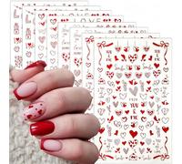 Lot de 8 feuilles d'autocollants pour ongles en forme de cœur Rouge