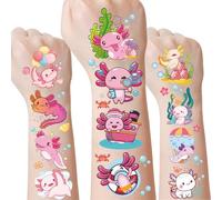 Lot de 8 feuilles de 200 tatouages temporaires roses mignons axolotls pour décoration de fête d'anniversaire, reptile, animaux, salamandre pour filles, enfants, récompenses scolaires, cadeaux