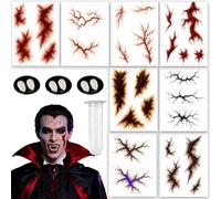 Lot de 8 feuilles de tatouage terrible et + dents de vampire pour enfants et adultes - Maquillage d'Halloween - Dents de vampire pour fête d'Halloween (A)
