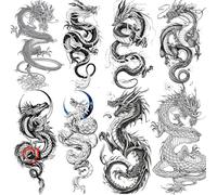 Lot de 8 feuilles de tatouages temporaires pour homme, femme, homme, femme, adulte, noir, réaliste, dragon, autocollant, manches mi-longues, imperméable, faux tatouages à coller