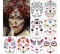 Lot de 8 feuilles de tatouages temporaires pour le visage d'Halloween, le jour des morts, squelette, araignée, crâne, roses rouges, tatouages temporaires pour hommes et femmes, Halloween, fête