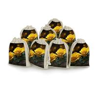 Lot de 8 magnifiques bouquets de roses jaunes en coton et chanvre avec cordon de serrage - Sacs cadeaux réutilisables pour mariage, bricolage, fête (12 x 17 cm)