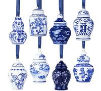 Lot de 8 mini pots de gingembre en porcelaine - Décorations de Noël à suspendre - Décorations de Noël en céramique - Bleu et blanc - Pendentifs à suspendre (style classique)