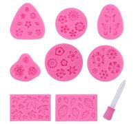 Lot de 8 moules à fleurs en silicone 3D avec 1 goutte à goutte rose pour gelée, fondant, chocolat, crème glacée, bougies, colle (rose)