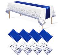 Lot de 8 nappes jetables en plastique et chemins de table satinés, nappe à pois blancs et bleus, chemin de table en satin bleu pour mariage, anniversaire, fête prénatale, anniversaire, Noël, Nouvel An