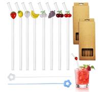 Lot de 8 Paille en Verre Réutilisable, Paille Courbée avec 2 Brosses de Nettoyage, Fruits Motif Pailles en Verre pour Jus, Cocktails, Smoothies, Café et Lait
