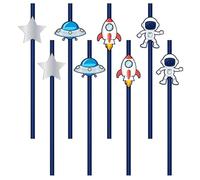 Lot de 8 pailles en papier Motif cosmos Pour anniversaire d'enfant ou fête à thème Bleu Env. 19,5 cm de long avec différents autocollants spatiaux