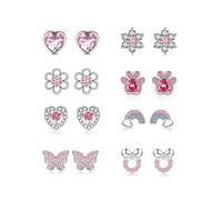 Lot de 8 paires de boucles d'oreilles à tige en argent hypoallergéniques en forme de cœur et de fleur en zircone cubique pour enfants et filles