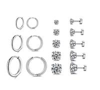 Lot de 8 paires de boucles d'oreilles créoles en acier inoxydable chirurgical plaqué or 14 carats hypoallergéniques pour cartilage à dos plat en oxyde de zirconium, Acier inoxydable, Zircone cubique