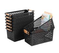 Lot de 8 paniers de rangement en plastique - 30,5 x 15,2 x 12,7 cm, bacs noirs avec poignées, parfaits pour les étagères de cuisine, les petits récipients gigognes, solutions de rangement durables