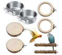 Lot de 8 perchoirs naturels pour oiseaux, gamelles en acier inoxydable à suspendre, planche de siège, cage à oiseaux, accessoires pour calopsittes, canaris, agapornides