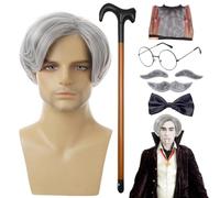 Lot de 8 perruques Old Man - Kit de costume de grand-père - Perruque artificielle Barbe Sourcils Lunettes Moustaches Nœud papillon en rotin - Halloween Noël - Cosplay - Fête à thème