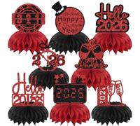 Lot de 8 pièces de centre de table en nid d'abeille pour le Nouvel An Bonjour 2026 Cheers to 2026 Décoration de table Rouge/noir pailleté
